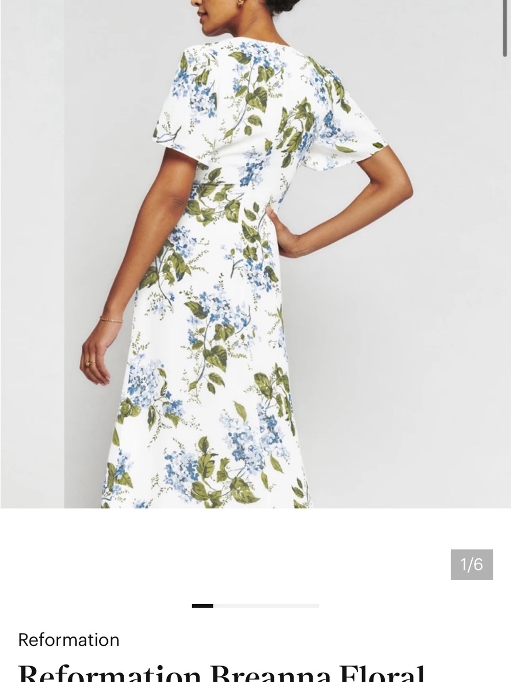 Reformation Breanna White Midi Wrap Dress with Blue Floral & Green Leaves - Picture 2 of 2